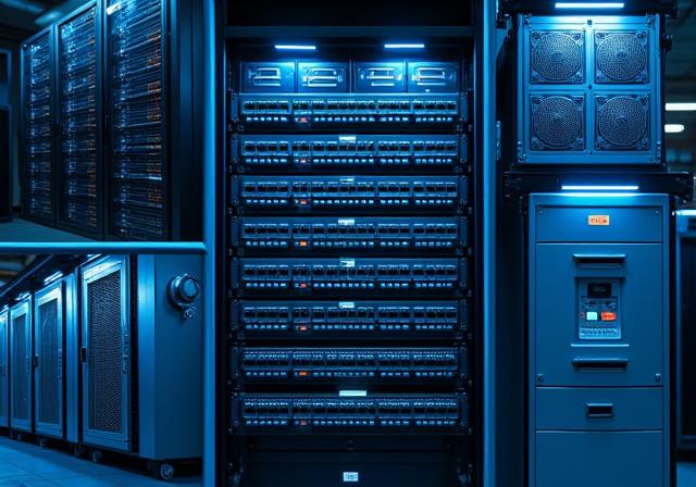 Collage of high-end server racks and networking hardware