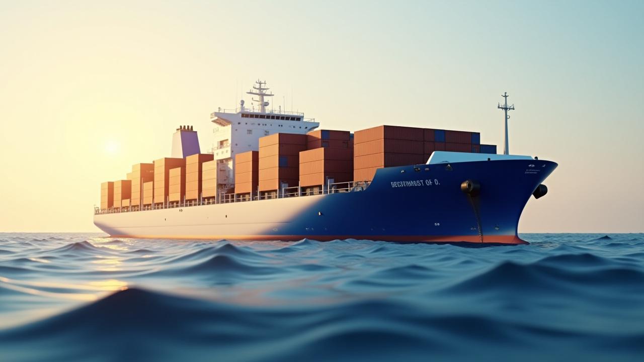 A large container ship navigating global waters at sunset