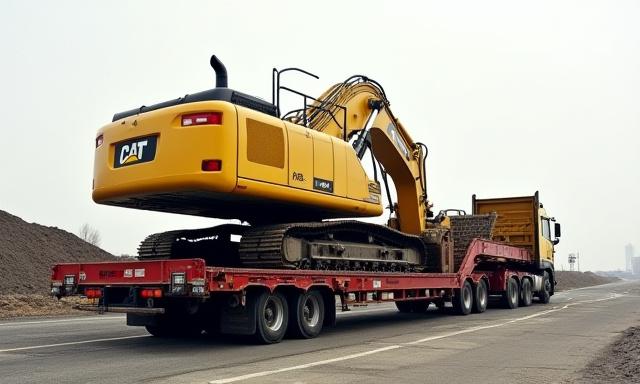 Double Drop RGN trailer with heavy excavator